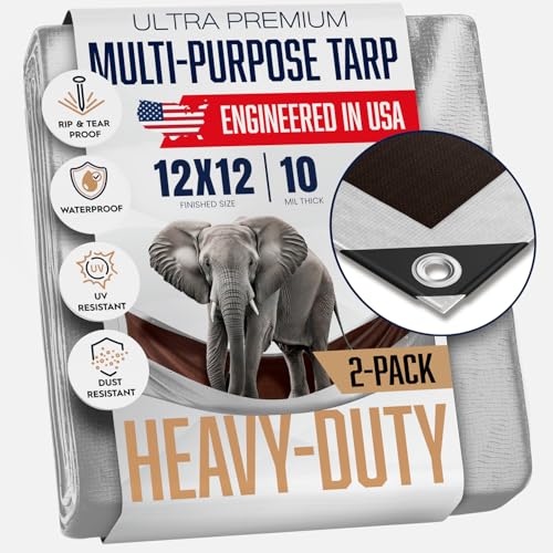 (2 Pack) 12x12 Heavy Duty Tarp, 10 Mil Thick, Waterproof, Tear & Fade Resistant, High Durability, UV Treated, Grommets Every 18 Inches. (Silver/Brown - Reversible) (12 x 12 Feet) - size: 12x12 - 2 Pack