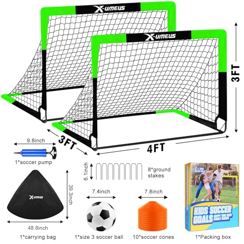 Kids Soccer Goals for Backyard Set of 2, 4 x 3 ft/6 x 4 Toddler Soccer Goal Training Equipment with Soccer Ball, Cones, Pop Up Soccer Net for Kids Age 3-5 4-6 6-8 8-12 10-12 Outdoor Games Sports Gifts - color: Green, style: 4' x 3'