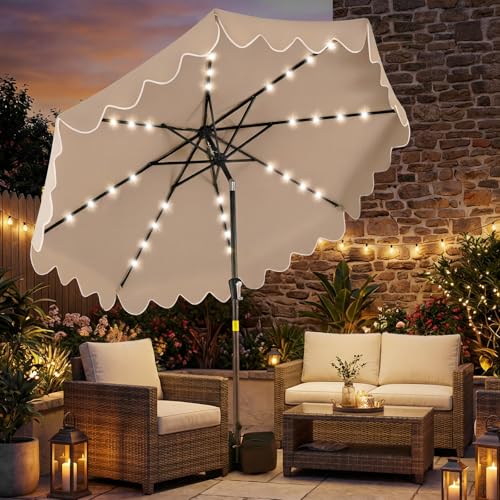 Tangkula 9 FT Solar Patio Umbrella with Base Included, 2-Tiers Outdoor Scalloped Table Umbrella with 32 LED Lights, 2 Sandbags, Tilt Adjustment, Crank, 8 Ribs for Market Backyard Pool Deck Beach Lawn - color: Coffee, size: 9 FT