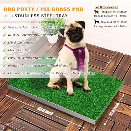 Dog Grass Pad with Stainless Steel Tray - 23.6"x15.8" Dog Potty Indoor Outdoor - Odor-Free 4-Layer Drainage System with Durable & Strong Metal Tray - Artificial Grass Turf for Small Medium