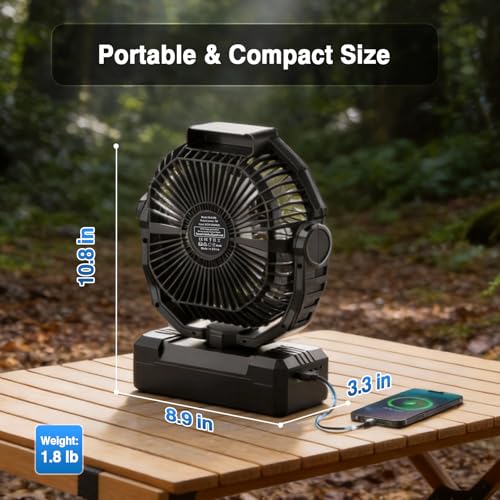 Camping Fan Rechargeable, 20000mAh Battery Powered Portable Fan with 4 Speeds & 2 LED Lights, Cordless Outdoor Tent Fan with Hanging Hook for Home Office Beach Travel - Dark Black - color: Dark Black