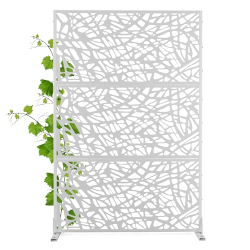 Modern Metal Privacy Screen, Patio Outdoor Privacy Panels with Stand, Freestanding Outdoor Divider for Yard, Deck＆Garden(71.3"*47.3"*15.7") - color: White,Leaf Vein