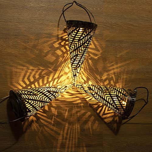 Outdoor Decorative Solar Hanging Lights with Delicate Hollow Conical Lantern Design - Set of 3 Chandelier for Patio, Tree, Garden, Yard, Porch, Backyard Pathway and Christmas Decoration.