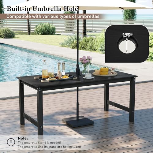 Tangkula 3 Pieces Outdoor HDPE Dining Table Set with 2 Benches, Weather Resistant Patio Furniture Set with 1.77” Umbrella Hole and Wood-Like Surface for Garden, Backyard and Poolside (Black, 3 Pcs) - color: Black, size: 3 Pcs