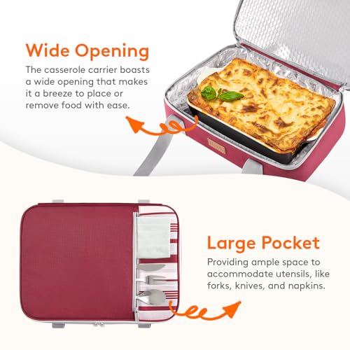 Lifewit Insulated Double Decker Casserole Carrier, Expandable Lasagna Lugger Tote Bag for Hot or Cold Food, Fits 9" x 13" Baking Dish for Potluck Parties, Picnic and Cookouts, Red - color: Red
