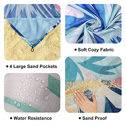 Tropical Palm Leaves Beach Blanket Sandproof Waterpoof Oversized 79"x 95" Pink and Blue Beach Mat with Corner Pockets, Lightweight Portable Mat for Beach Travel Picnic Camping Outdoor - color: Tropical Palm Leaves, size: 79"x95"