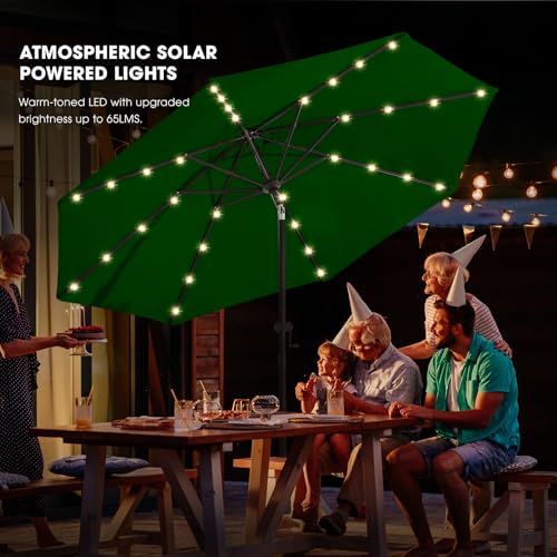 wikiwiki 9FT Solar Led Patio Umbrella with Base Included, 32 LED Lights, 8 Sturdy Ribs, Fade Resistant Waterproof POLYESTER DTY Canopy for Garden, Lawn, Deck, Backyard & Pool, Dark Green - color: Dark Green, size: 9FT