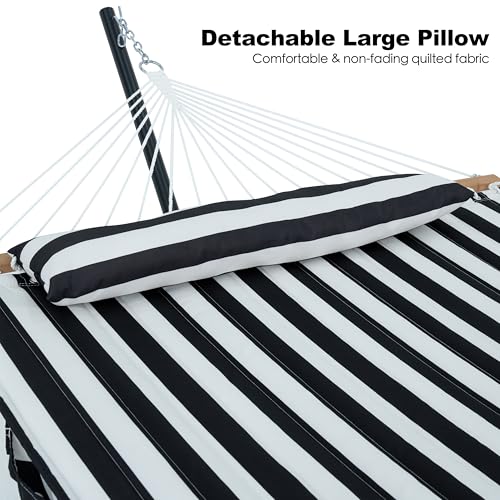 GAFETE 2 Person Hammock with Stand for Outside, Heavy Duty Steel Stand, Double 55inch Hammocks, Large Removable Pillow, Storage Bags, Max 475 lbs Capacity (Stripe Black-White) - color: Stripe Black-white
