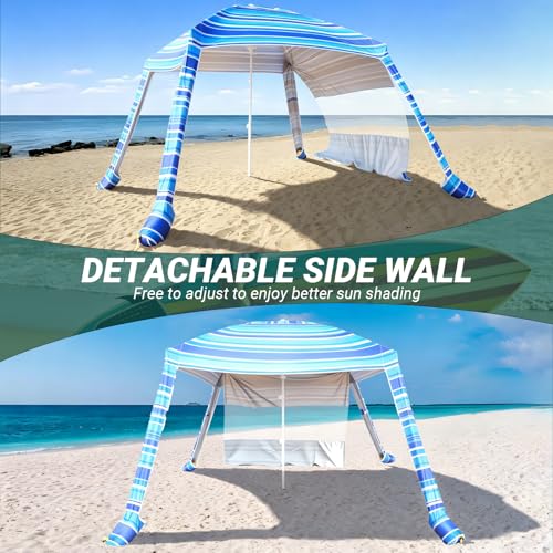 8'x8' Beach Cabana, UPF 50+ Large Beach Canopy with Side Wall, Easy Setup Pop Up Sun Shelter, Adjustable Height & Wind Resistant Beach Tent for 4-6 Person Family, Light Blue