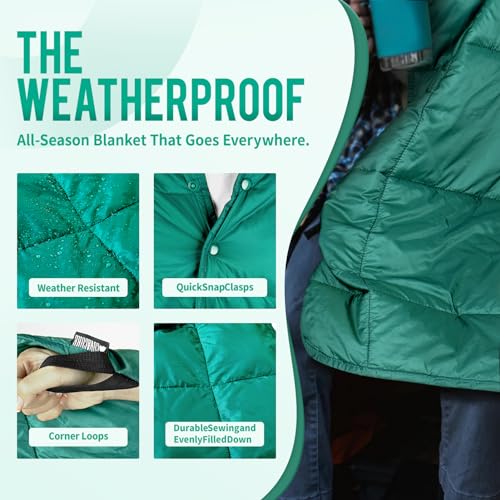 COVACURE Camping Blanket - Waterproof Outdoor Blanket, Packable & Lightweight, Warm Puffy Quilt for Camping, Hiking, Backpacking, Travel, Beach Essentials - color: Down Green