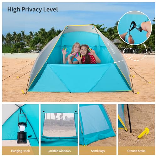 Leader Accessories 2-3 Person Portable Beach Tent, UPF 50+ Beach Shade Tent, Beach Tent Sun Shelter Canopy with Extendable Floor, Blue