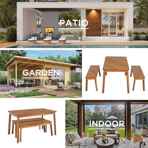 3 Pieces Acacia Wood Table with 2 Benches Dining Set Outdoor Indoor Furniture, Picnic Beer for Patio, Porch, Garden, Poolside - Natural