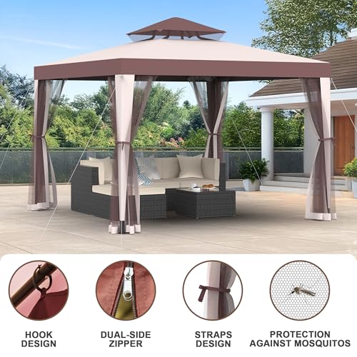 Gazebo, 10'x10' Patio Gazebo Outdoor Waterproof Canopy Tent UV-Resistant 2-Tier Top Sturdy Canopy Shelter Tent for Camping with Removable Netting for Garden Patio Backyard (Red & Brown, 10' x 10') - color: Red & Brown