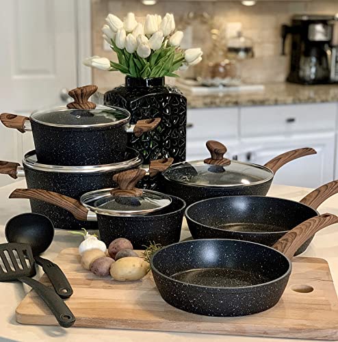 Kitchen Academy Induction Cookware Sets - 12 Piece Cooking Pan Set, Granite Black Nonstick Pots and Pans Set - color: Black, size: 12 PCS Cookware Set