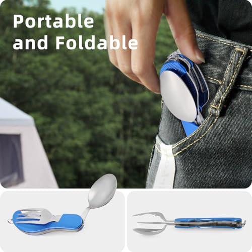 Leeko 4 in 1 Stainless Steel Portable Outdoor Pocket Knife Fork Spoon Diner Set Multi-function Tableware for Camping Hunting - color: Blue