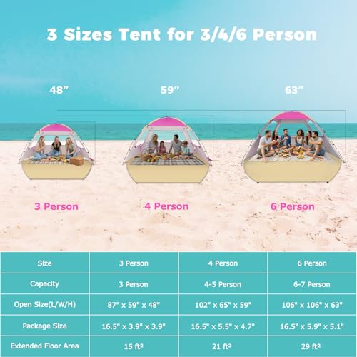 Venustas Beach Tent Sun Shelter for 3/4/6/8 Person, UPF 50+ UV Protection Beach Canopy, Lightweight and Easy Setup Cabana, Portable Shade Tent - color: Pink, size: 6 Person