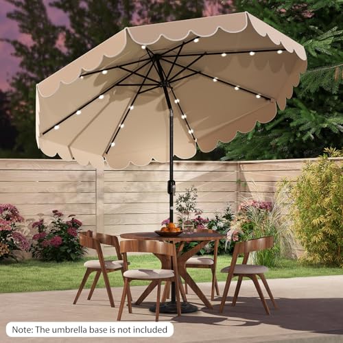 Tangkula 10FT Solar LED Patio Umbrella, 2-Tiers Scalloped Outdoor Table Market Umbrella with 24 LED Lights, Vented Top, Tilt Adjustment, Crank, 8 Ribs for Backyard Poolside Deck Beach Lawn (Beige) - color: Beige, size: 10Ft