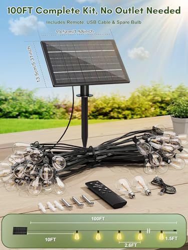 100FT Solar String Lights Outdoor Waterproof, 35+1 LED Solar Powered Lights with Remote Control, 3 Light Modes & Dimmable, USB-C Charging for Patio, Backyard, Garden, Camping - size: 100FT