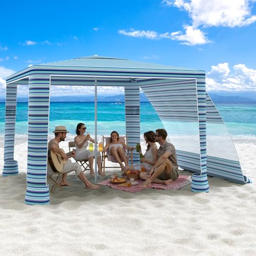 MoKo Beach Cabana, 8'×8' Large Beach Canopy with Side Wall, UPF 50+ Protection Easy Setup Beach Tent Sun Shelter, Adjustable Height Wind Resistant Cabana Beach Tent for Whole Family, Blue-Green Stripe - color: Blue-Green Stripe