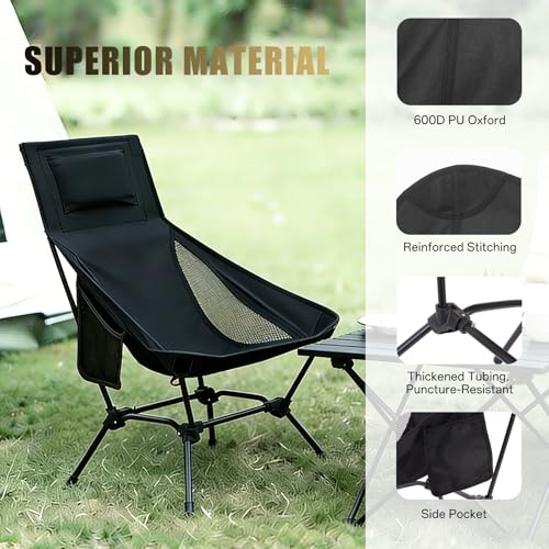 High Back Folding Camping Chair with Pillow, Lightweight Portable Chair for Adults, 2-in-1 Height Adjustment, Deep Recline, Side Pockets for Camping Motorcycle RV Backpacking - color: Black - High Back