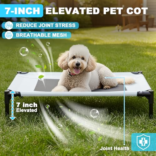 S/M/L Outdoor Elevated Dog Cot with Canopy & Side Shade for Camping Small Medium Dogs (Carry Bag), Portable Cooling Raised Dog Bed - color: Grey, size: M (30" x 24" x 28")