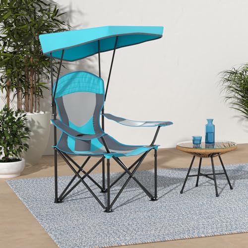 ALPHA CAMP Heavy Duty Canopy Camping Chair, 350 lbs Capacity Oversized Folding Chair with Adjustable Sunshade, Portable Sunshade Chair with Cup Holder for Beach, Fishing, Outdoor - color: Enamel Blue