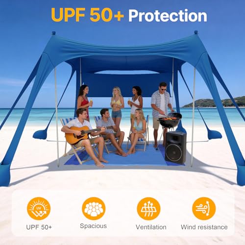 HOPERAN Beach Tent Sun Shelter, UPF50+ UV Protection, 10x10FT Pop Up Shade Beach Canopy Windproof for Outdoor Camping, Fishing, Picnics with 8 Sandbags, 1 Beach Mat, 1 Sideshade, 4 Stability Poles - color: 10x10 FT Navy Blue