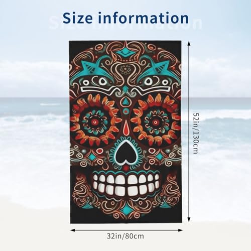 Sugar Skulls Day of the Dead Beach Towel Oversized 52 x 32 in Sand Free Pool Swim Towels for Adult Travel Blanket Lightweight Quick Dry Absorbent Bath Towels Cruise Vacation Accessories