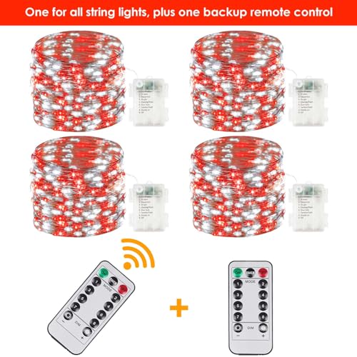 4-Pack 33FT 100 LED Fairy Lights Battery Operated with Remote Timer, Fairy Christmas String Lights for Bedroom Decor, Waterproof 8 Modes Twinkle Lights for Room Garden Party Wedding (Red and White) - color: Red&White, size: 4 Pack