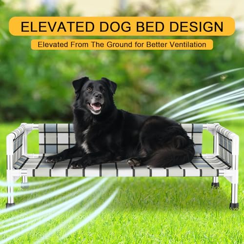 Elevated Raised Outdoor Dog Bed - Cooling Washable Dog Cot with Guardrail, Durable & Breathable Cotton Mesh Pet Hammock Beds with Stainless Steel Pipe Frame for Medium Pets (34'' x 20'' x 12'') - size: 34'' x 20'' x 12''