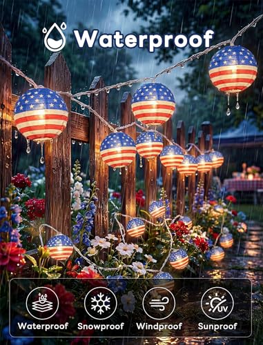 8.5Ft American Flag Lanterns String Lights Outdoor, 4th of July Decorations with 10 Nylon Mini Lanterns, Connectable Plug-in Red White Blue Lights for Independence Day Memorial Patriotic Party - color: Blue Lantern