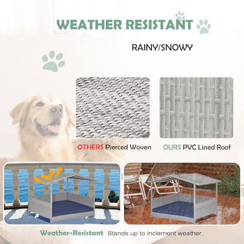 Wicker Dog House Outdoor, Waterproof HDPE Dog Bed with Canopy, Raised Dog Cot Pet House, Elevated Dogs Sofa Tent, Soft Cushion w/Removable& Washable Cushion Cover - style: Navy Blue