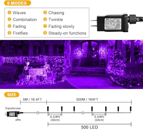 weillsnow 164FT 500 LED Purple Christmas Lights, 8 Modes Waterproof Plug in String Lights for Halloween Christmas Indoor Outdoor Yard Party Wedding Garden Home Decorations (Purple, 164FT) - color: Purple, size: 164FT