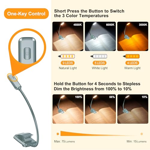 Gritin 9 LED Rechargeable Book Light for Reading in Bed - Eye Caring 3 Color Temperatures,Stepless Dimming Brightness,80 Hrs Runtime Small Lightweight Clip On Book Reading Light-Pacific Blue - color: Pacific Blue