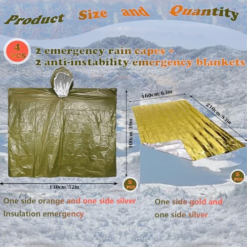4X Survival Gear kit, Emergency Poncho (2pc), Emergency Space Blanket (2pc), Mylar Liner - Retains 92% Body Heat, for Outdoors, Hiking, Camping, Bug Out Bag, Marathons or First Aid, Car (Green) - color: Green