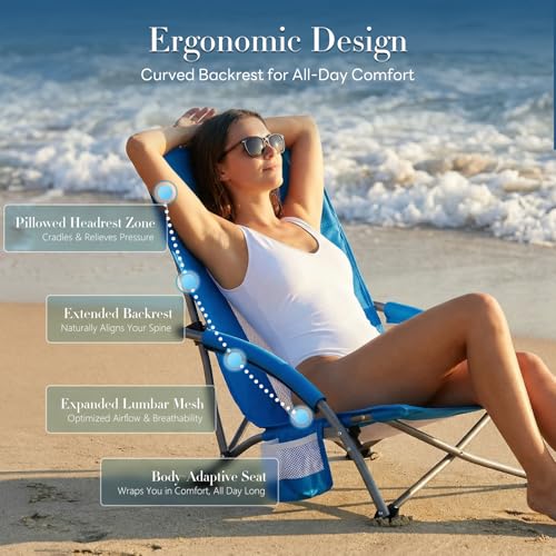 DUMOS Low Camping Beach Chair, Lightweight Folding Portable Beach Chair with Cup Holder, Storage Pocket, Breeze Mesh Back, Padded Armrests, Low Profile Chair for Camp, Picnic, Lawn, Sand, Blue - color: Blue, size: 25.79*22.24*27.36inch