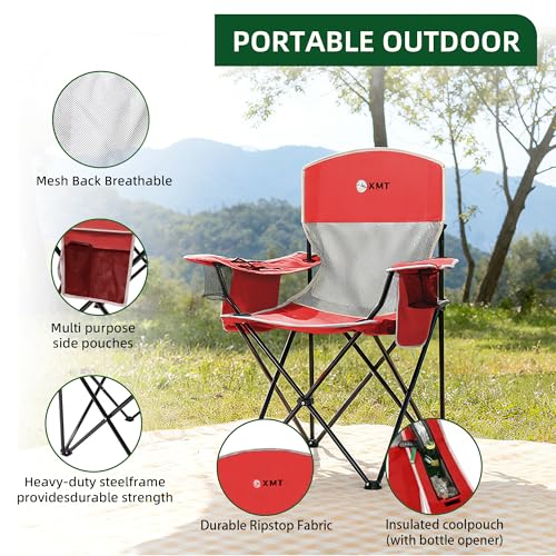 Portable Outdoor Folding Chair with Cup Holder & Cooler Bag - Breathable Mesh, Wide Armrests, Ergonomic Design for Camping, Beach, Backyard - Includes Storage Bag & Bottle Opener (Black/Green/Red) - color: 01-red
