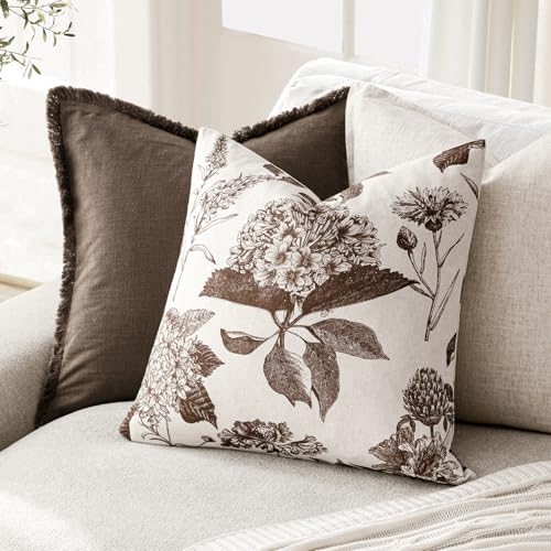 Foindtower Set of 2 Linen Floral Throw Pillow Covers Neutral Vintage Print Decorative Cushion Covers Farmhouse Boho Home Decor for Sofa Chair Couch Bedroom Living Room,18×18 Inch,Dark Brown - color: Dark Brown, size: 18" x 18" (Pack of 2)