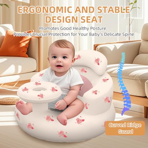 Inflatable Baby Seat with Tray, Blow up Infant Chair for Babies 3 Months and up, Comfortable Baby Floor Seats for Sitting Up, Built in Air Pump with Back Support Toddler Waterproof Sofa (Pink Rabbit) - color: Pink Rabbit