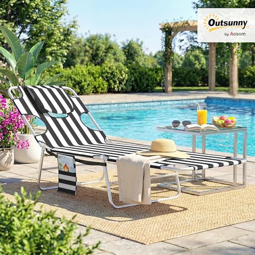 Outsunny Chaise Lounge Chair Outdoor with Face Arm Hole, 5-Position Reclining Face Down Tanning Chair with Carry Strap, Side Pocket, Portable Folding Bed Cot for Patio Beach Pool, Black Stripe - color: Black Stripe, size: 1 Piece