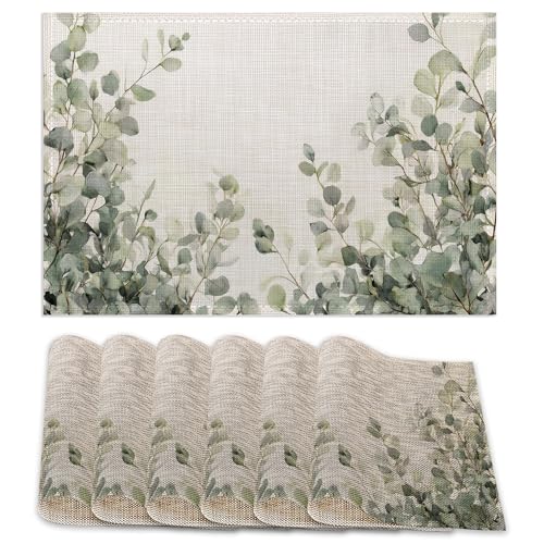 Watercolor Eucalyptus Leaves Placemats Set of 6, Green Branches Table Mates Non-Slip Heat Resistant Washable Linen Place Mats for Party Kitchen Dining Decoration Indoor Outdoor 12"x18" - color: Watercolor Eucalyptus Leaves, Green Branches