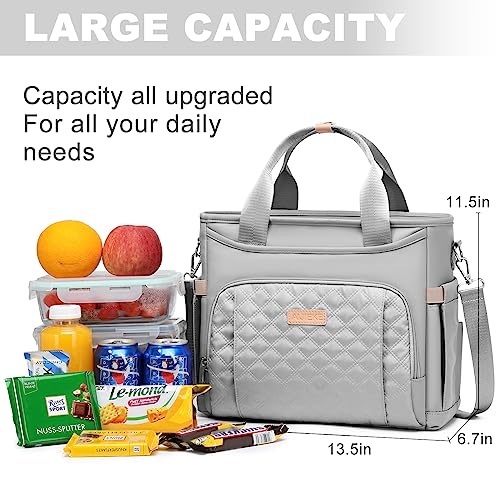 AIJIEKE Extra Large Lunch Bag for Women & Men, Insulated Leakproof Lunch Box for Work, Reusable Adult Lunch Tote with Shoulder Strap, Multi-Pocket Cooler Bag for Office, Picnic, Beach, Grey - color: Gray