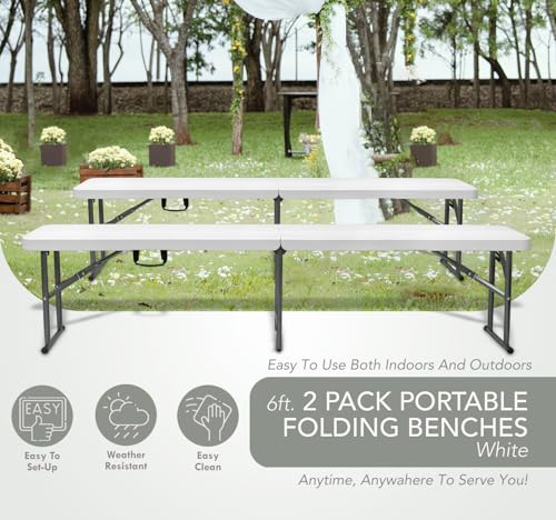 AJP Distributors 2 Pack 6 Foot Portable Plastic Folding Bench 6FT 72" Half Foldable Heavy Duty Seat w/Carry Handle - Indoor Outdoor Backyard Camping Picnic BBQ Party Wedding Dining Event Meeting White - color: White, size: 6 Foot - 2 QTY