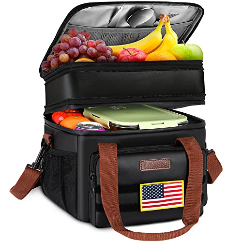Tactical Lunch Box for Men- Large Insulated Lunch Bag-Expandable Adult Lunch Box with Adjustable Shoulder Strap-Large Lunch Tote Bag for Work Camping Fishing (Black-Leather) - color: Deep Black