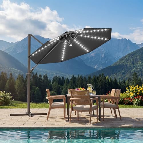 Patiowell 10 FT Patio Umbrella with Solar LED Light, Outdoor Cantilever Umbrella with 360 Degree Rotation, Outside Large Round Sun Umbrella with Frame for Backyard Garden Poolside, Black - color: Black with Light, size: 10 FT