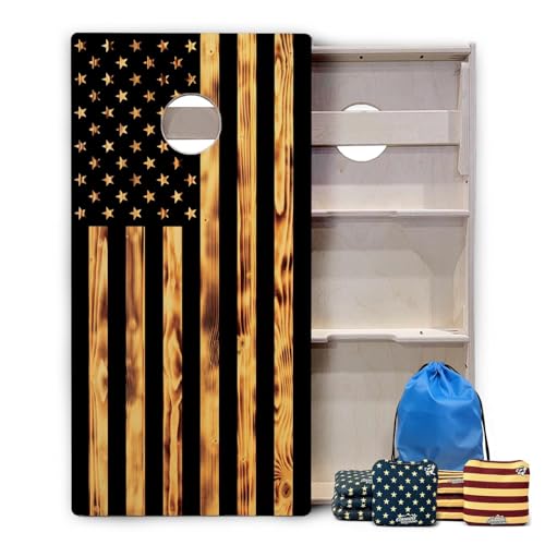 Cornhole Solutions PRO Tournament Cornhole Bundle – Regulation 4 ft x 2 ft Professional Set – ¾″ Baltic Birch Plywood – Folding Legs – UV Printed & Clear Coated – Made in USA - color: Burnt Flag