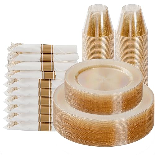Goodluck 175 Piece Gold Glitter Plastic Dinnerware Set for 25 Guests, Fancy Disposable Plates for Party, Include: 25 Dinner Plates, 25 Dessert Plates, 25 Pre Rolled Napkins with Silverware, 25 Cups - color: Gold Glitter, style: 175 Piece (25 guests)