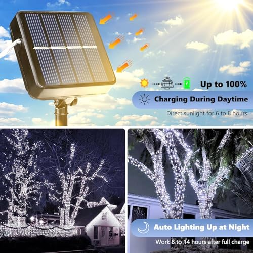 Joomer Solar Fairy Lights, 4-Pack Total 104FT 320LED Solar String Lights Outdoor Waterproof 8 Lighting Modes for Patio Fence Party Garden Yard Home Holiday Tree Outdoor Decoration (White) - color: White, size: 4*80LED