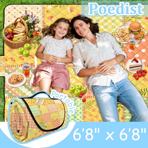 Extra Large Picnic Blanket Waterproof,80"x 80"Foldable Machine Washable Beach Blanket,Outdoor Blanket for 6-8 Adults,Suitable for Indoor Crawling,Park Beach,Camping,Hiking,Family Travel(Colorful) - color: Yellow Tile, size: 6'8" x 6'8" (Square)