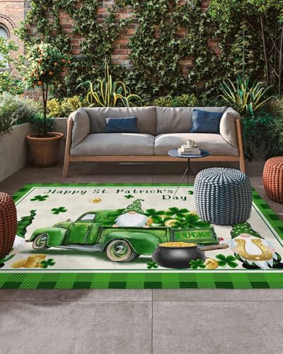 Large Outdoor Rug 5'x8' for Patio Indoor Outdoor Area Rug Happy St. Patrick's Day Vintage Truck Gnome Lucky Clover Shamrock Rugs Outside Patio Rugs Camping Carpet Mat for Spring Picnic - color: Luckyhoe3435, size: 5' x 8' (Rectangular)